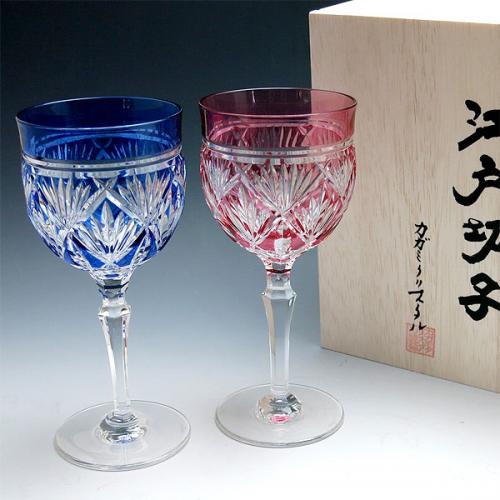 【木箱入り】江戸切子 カガミクリスタル 笹っ葉 ワイングラス (#2620)