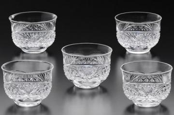 【木箱入り】江戸切子 笹っ葉に麻の葉 冷茶碗 5客セット(ts648-2599)
